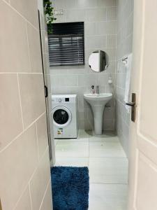 a bathroom with a washing machine and a sink at Travellers paradise in Palatswe +3 photos