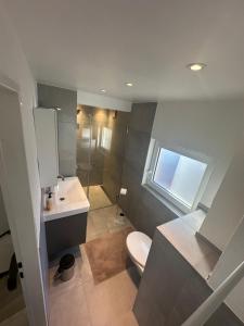 een badkamer met een wit toilet en een wastafel bij Gästehaus mit 3 MiniAppartments in Gr-Umstadt in Groß-Umstadt