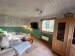 a living room with a bed and a green wall at NOR118-Junosuando-Keraentoejaervi-81 in Junosuando