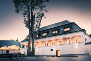 a white building with a tree in front of it at Kaštieľ Čičmany in Čičmany
