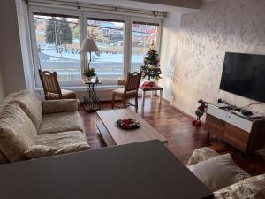 a living room with a christmas tree and a television at Contact Apartman in Bardejov