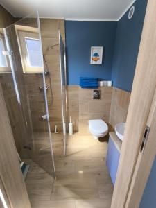 a bathroom with a shower and a toilet at Domki całoroczne Morzemoze in Jastrzębia Góra