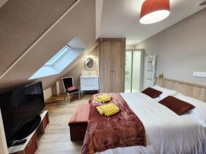 een slaapkamer met een groot bed en een televisie bij Studio Terra in Ploërmel