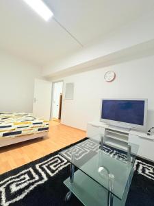 a living room with a tv and a glass table at Beenie 19 in Linz