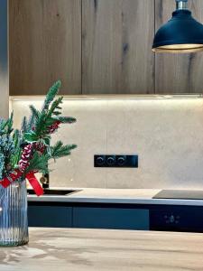 a kitchen with a christmas tree in a vase on a counter at Central Park Apart Irpin in Irpin +2 photos
