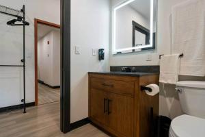 a bathroom with a toilet and a sink and a mirror at The Library @TheMillRowsSuites in New Glasgow