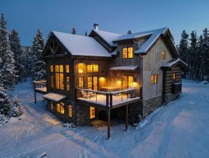 una baita di tronchi nella neve con le luci accese di The McQueen Haus ad Alma