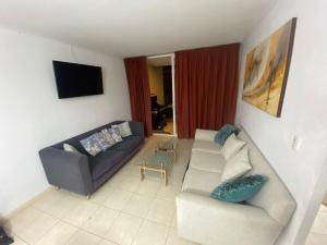 een woonkamer met een bank en een tv bij Apartment with a private backyard in Los Molles