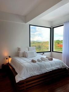 a bedroom with a large bed with a large window at Ricefield Valley in Mandriankeniheny