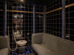 a bathroom with a shower and a sink and a toilet at Apartment Bergsonne in Samnaun +13 photos