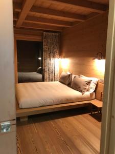 a bed in a room with a wooden wall at Chalet Taulei tra Bormio e Livigno in Valdidentro