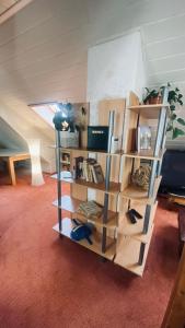 a room with a book shelf in a attic at Ski Alm - Ferienunterkunft in Zella-Mehlis
