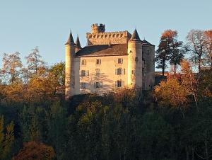 an old castle sitting on top of a hill at La Cabane du Berger & son terrain de pétanque in Torsiac