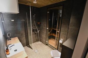 a bathroom with a shower and a sink at Kurula's Resort in Pyhätunturi +32 photos