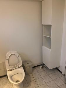a bathroom with a toilet and a trash can at Cozy Corner ferielejlighed in Augustenborg +28 photos
