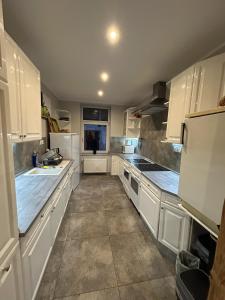 eine große weiße Küche mit weißen Schränken und Geräten in der Unterkunft Helmstedt Zentrum - Gemeinschaftshaus & Garten in Helmstedt + 17 Fotos