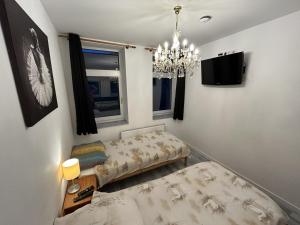 ein Schlafzimmer mit zwei Betten und einem Kronleuchter in der Unterkunft Helmstedt Zentrum - Gemeinschaftshaus & Garten in Helmstedt