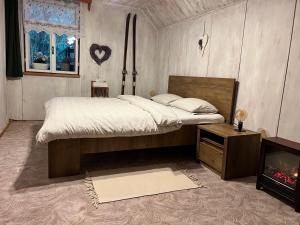 a bedroom with a large bed and a tv at Chata Rychnovanka in Zdobnice