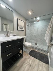 une salle de bains avec lavabo, toilettes et douche dans l'établissement Refreshing oceanfront gem Remarkable sunrises, à New Smyrna Beach