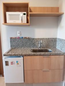 eine Küche mit Spüle und Mikrowelle in der Unterkunft Stúdio in Barretos