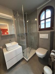 a bathroom with a shower and a sink and a toilet at Helle Souterrain-Wohnung mit eigenem Eingang in Erftstadt +18 photos