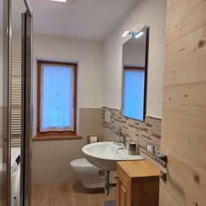 een badkamer met een wastafel, een toilet en een spiegel bij Cesa de Conesel in Colle Santa Lucia