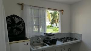 a kitchen with a sink and a fan next to a window at Alojamiento con alberca privada y jardín grande in Tecolutla