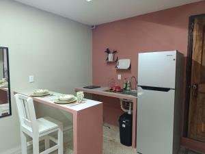 een keuken met een witte koelkast en een roze muur bij Habitación 102 Cordoba Centro Estacionamiento in Córdoba