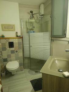 a bathroom with a shower and a toilet and a sink at Hamedina de Silvina in Kafr Sābā