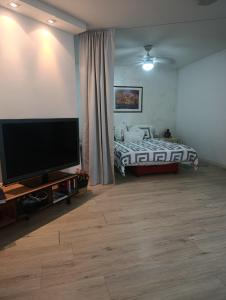 a bedroom with a bed and a flat screen tv at Hamedina de Silvina in Kafr Sābā
