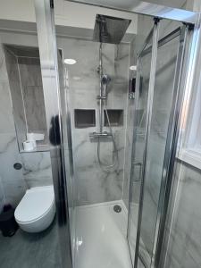 a bathroom with a shower and a toilet at Timeless Spacious 1bedroom Duplex apartment with balcony in Shoreditch in London +27 photos
