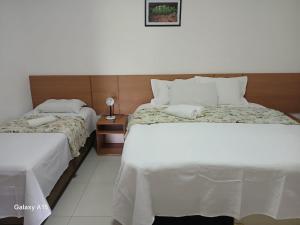 een hotelkamer met twee bedden en een nachtkastje bij Pousada Portal do Peruaçu in Januária