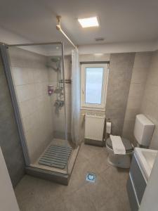a bathroom with a shower and a toilet at Sleep&Go Airport Transit Rooms Cluj-Napoca in Cluj-Napoca +205 photos