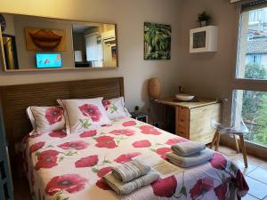 a bedroom with a bed and a mirror and a window at Meublé tourisme Carmes 2 étoiles, entrée autonome,wifi, climatisé, petit parking privé in Toulouse