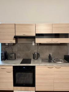 una cucina con mobili in legno, una stufa e un lavandino di Apartmán Pardubice 3 a Pardubice Altre 3 foto