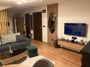 een woonkamer met een bank en een flatscreen-tv bij Студио за гости Петрови in Bansko