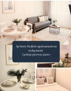 un collage di un soggiorno con divano e tavolo di ApAzory Kraków - przytulny apartament na wyłączność a Cracovia