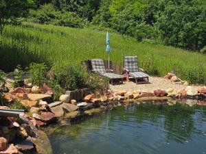 two chairs and an umbrella next to a pond at Koppány Pines - Bell Tent B & B Rooms in Koppányszántó