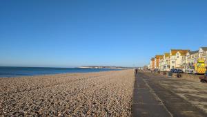 une vue d'une plage avec des bâtiments et l'océan dans l'établissement Seaford Snug, à Seaford
