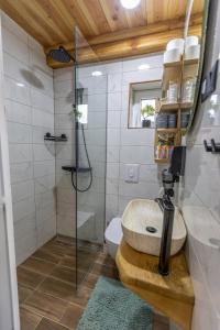 une salle de bains avec douche, lavabo et toilettes dans l'établissement Family Oasis, Plaški, à Plaški 30 autres photos