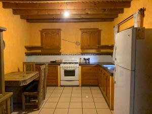 a kitchen with a white refrigerator and wooden cabinets at Casa Díaz in San Miguel de Allende