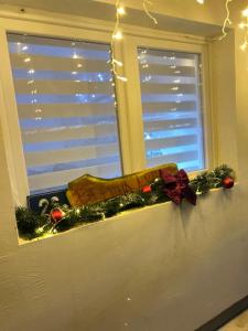 a window with christmas decorations on a window sill at Verina kuća in Kosjerić