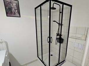 een douche met een glazen deur in een badkamer bij Apartament Studio Centrum in Człuchów +9 foto's