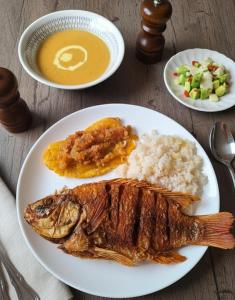 a plate of food with a fish and rice and a bowl of soup at Ecohotel Los Cedros in Cocorná