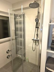 een douche met een glazen deur in een badkamer bij Atraktives Appartment in Neurenberg