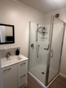 a bathroom with a shower and a sink at Kauri Cabin in Gisborne +21 photos