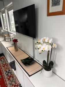 a living room with a tv and a table with flowers at Kauri Cabin in Gisborne
