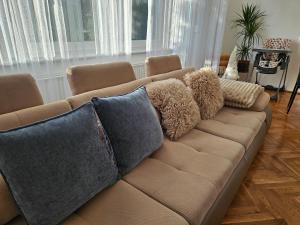 een bruine bank met kussens in de woonkamer bij FAMILLE Apartman in Tapolca