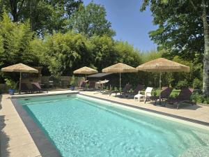 a swimming pool with chairs and umbrellas at Jonadam in Saint-Julien-de-Lampon
