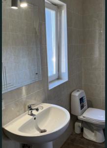 a bathroom with a sink and a toilet and a mirror at Hostel Гайсин in Haysyn